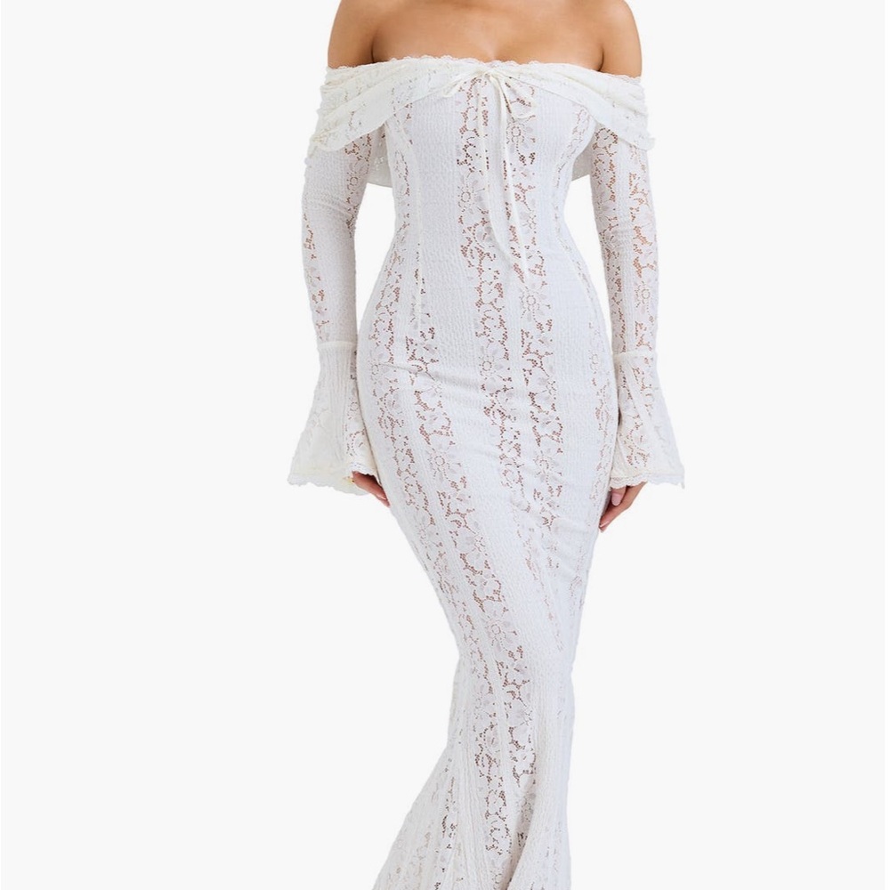 House of CB Belle Vintage Cream Floral Lace Off Shoulder Maxi Dress